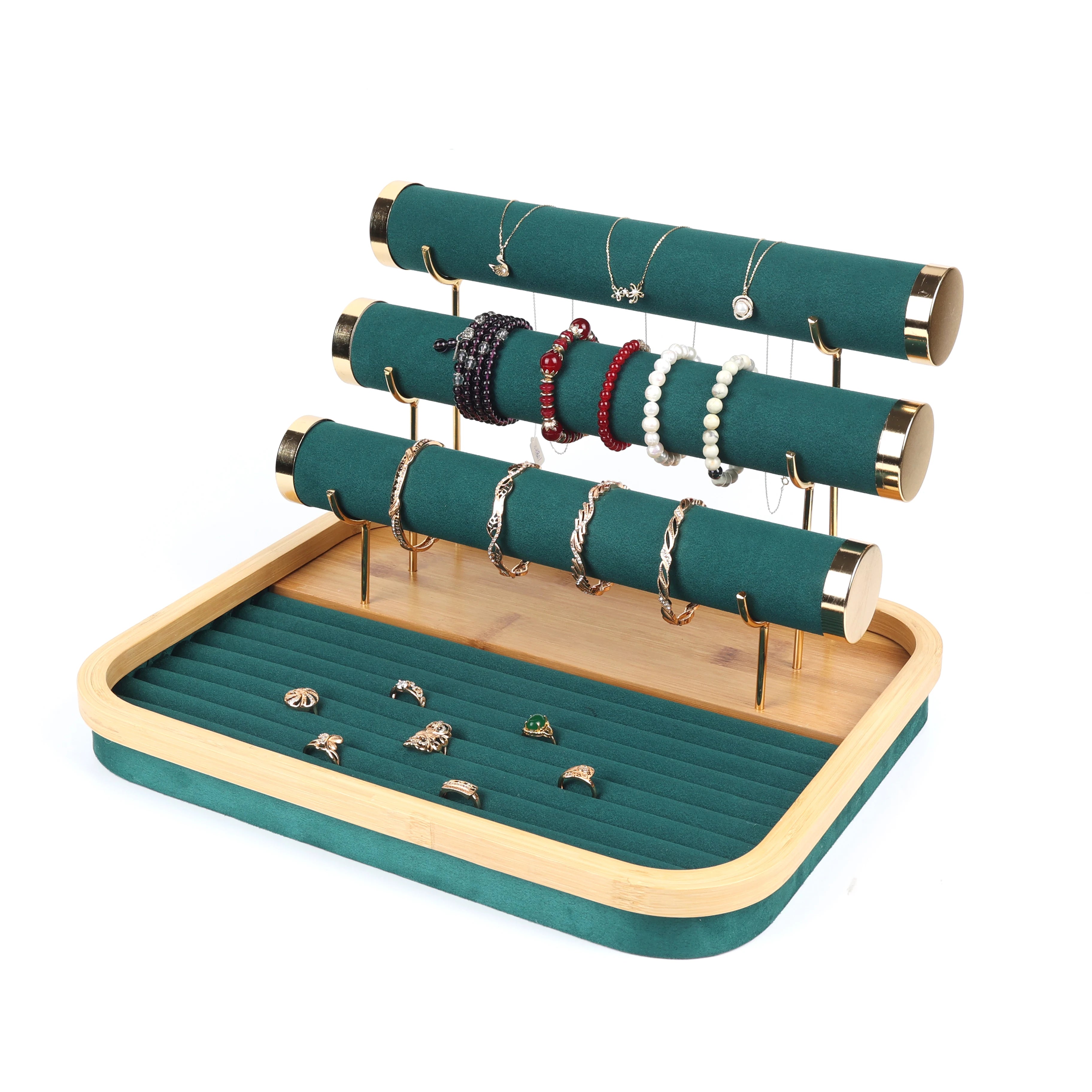 Wholesale Natural  Green Velvet Jewelry Display Stand Set Detachable Necklace Earring Display Tray