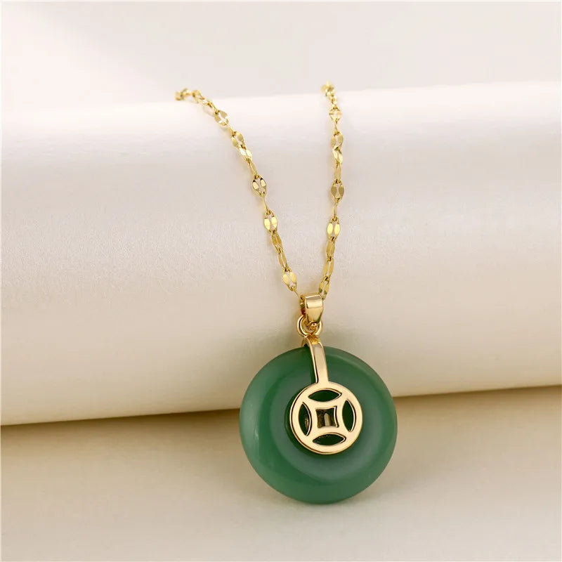 Chinese Style Lucky Jewelry Fu Jade Necklace 18k Gold Plated Stainless Steel Open Circle Disc Jade Necklace Jewelry 2023