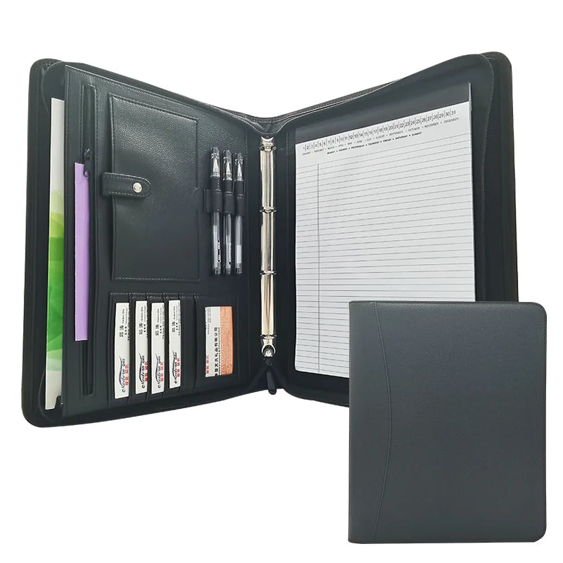 ModernQiu A4 PU Leather Padfolio with 4 Rings Binder  Custom logo Business  Zipper Portfolio Document Filing Products