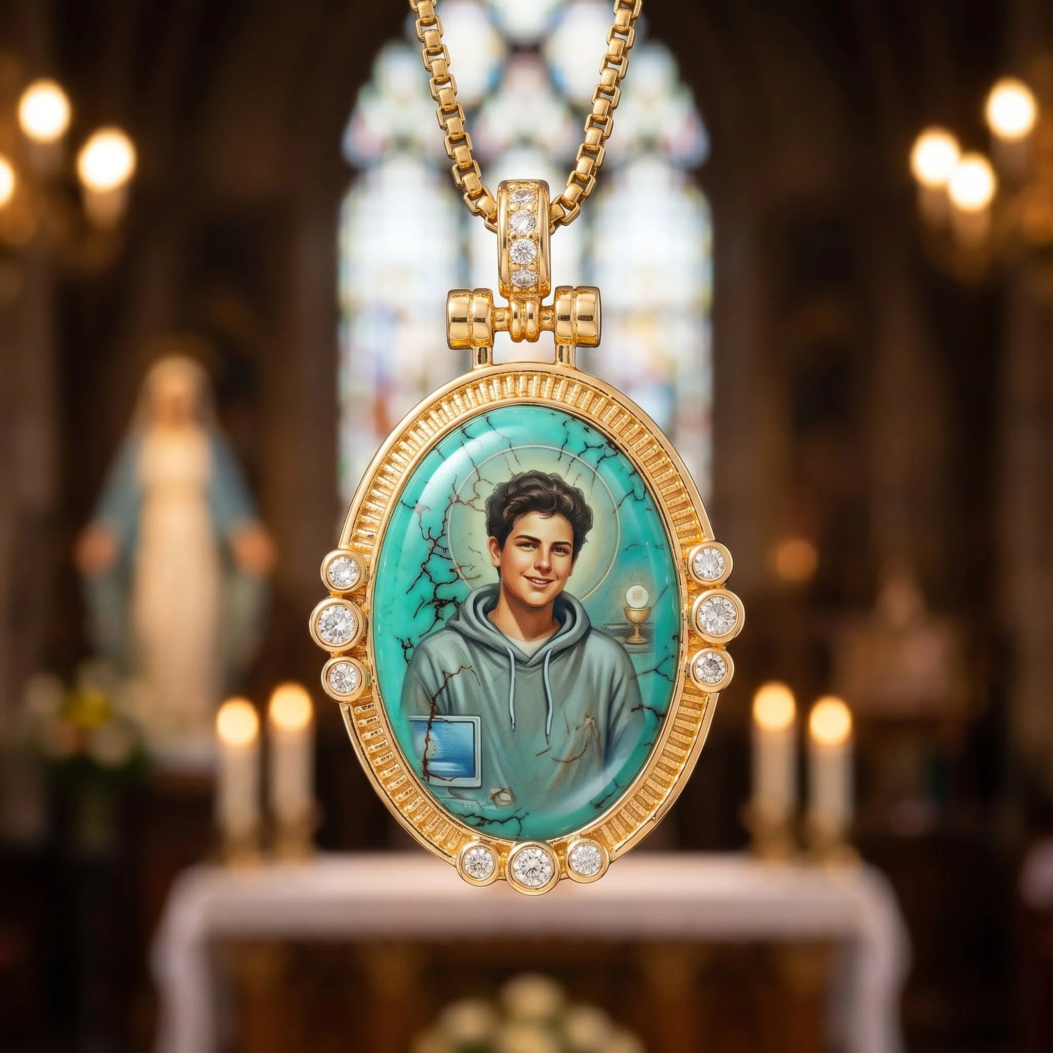 Blessed Carlo Acutis Enamel Turquoise Pendant Catholic Youth Ministry Gift Saint Jewellry