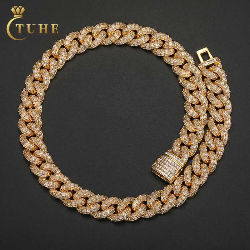 Fashion Iced Out Jewelry Hip Hop Men Women 15mm Gold Plated Brass Baguette CZ Zircon Miami Cuban Link Chain Necklace