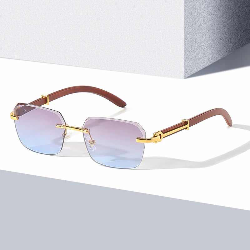 Classic Woodgrain Sunglasses for Men and Women Fashionable Irregular Rimless Design with Durable PC Frame