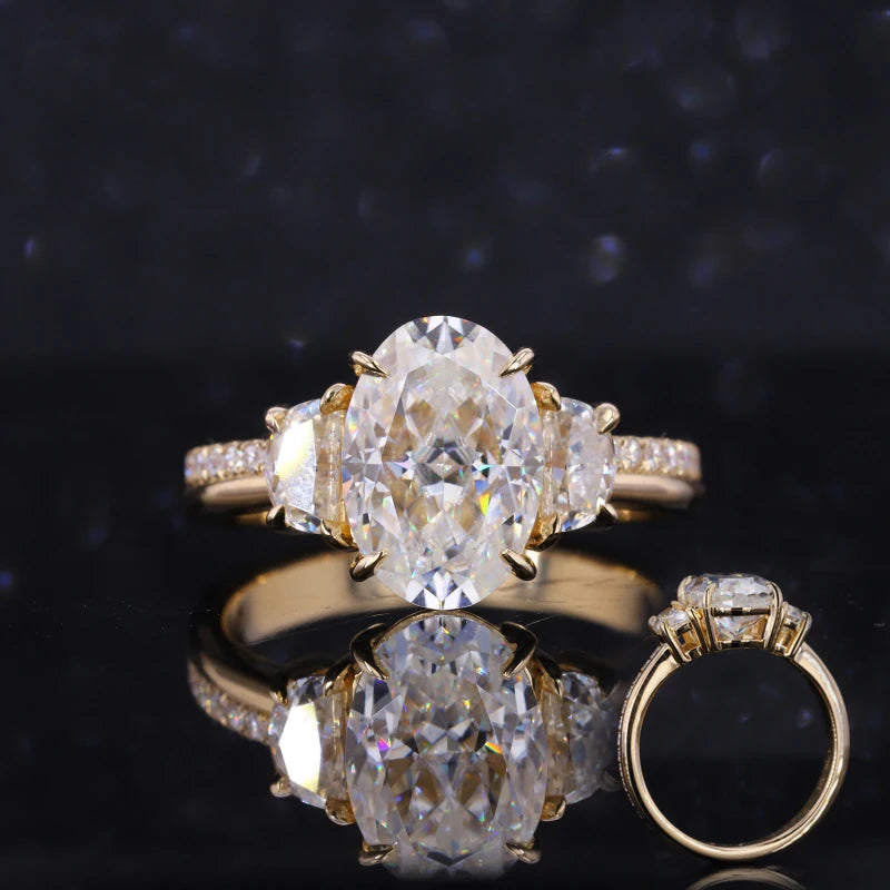Starsgem Ova Cut and Half Moon 3 Stones Moissanite Pure Engagement Solid 14k Gold Ring