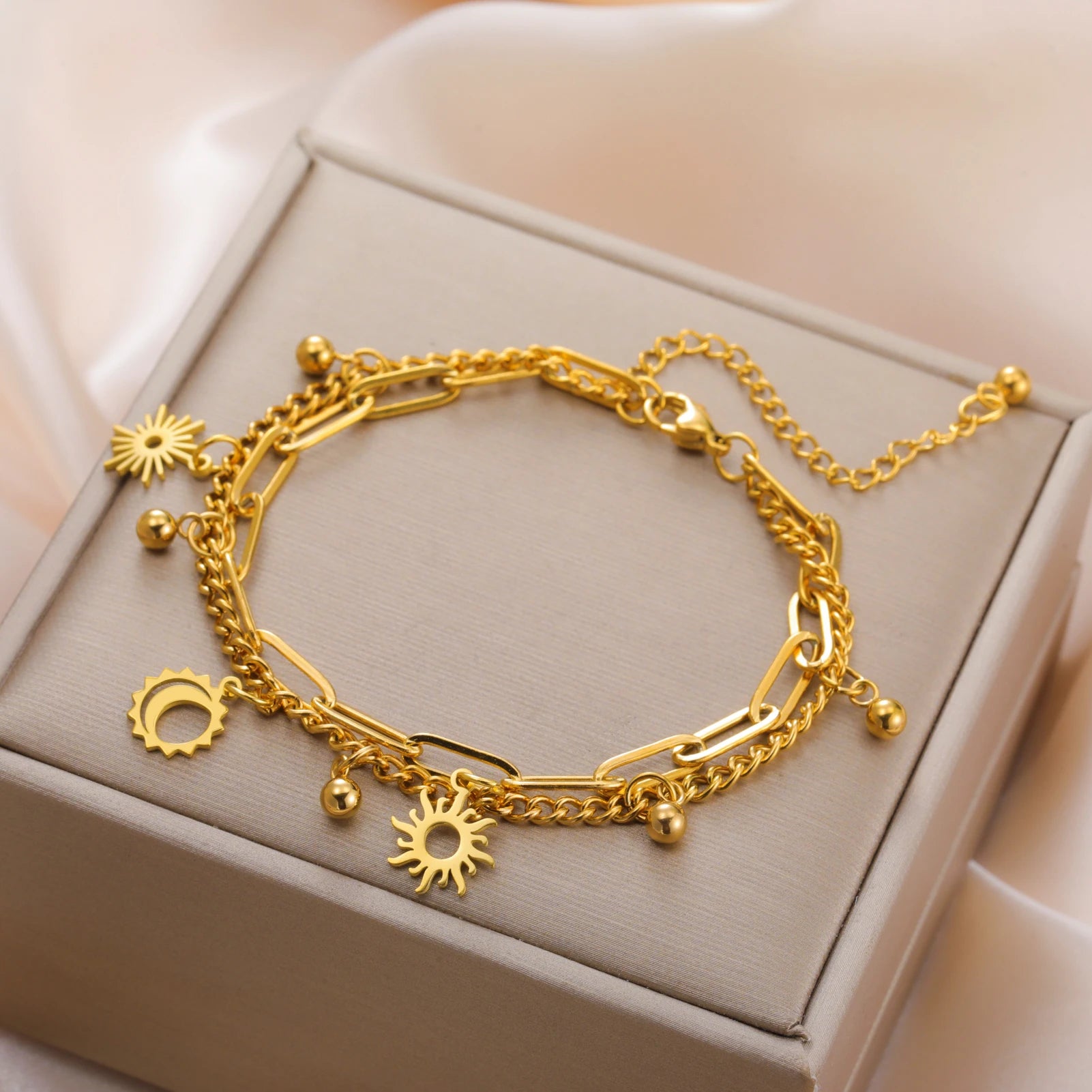 Myshape Sun Moon Charm Bracelet Women Stainless Steel Gold Color Double Layer Chain Bracelets Trendy Jewelry Gift Wholesale