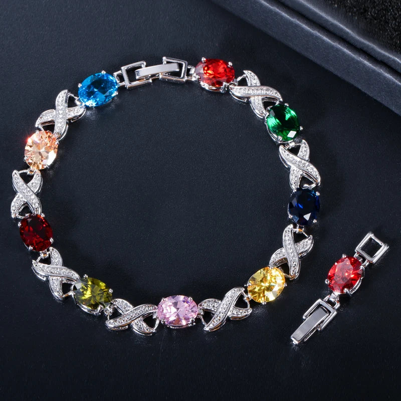 Classic Silver Plated Multi Color Zircon Stone Style Austrian Charm Bracelet for Wedding Bridesmaid CZ Crystal Women Jewelry