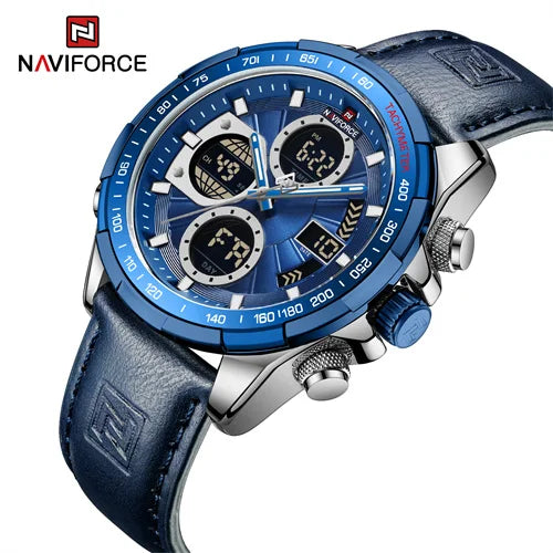 NAVIFORCE 9197 SBEBE Blue Leather Band Chronograph Luminous Hands Double Display Quartz Men Wrist WatchesMilitary Sports Male