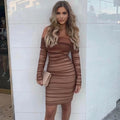 Brown Off Shoulder Long Sleeve Over Knee Chiffon Mesh Dress Party Stage Performance Dress