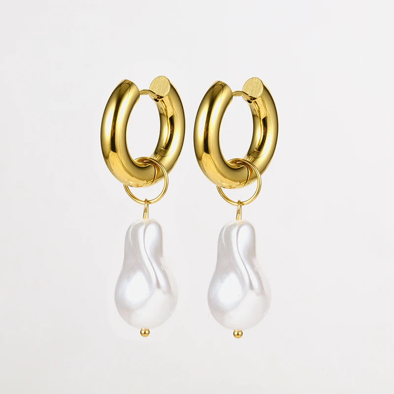 18K Gold Hoop Chunky Baroque Pearl Drop  Huggie Hoop Earring for Mother's Gift