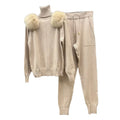 Women Winter High Neck Top Knitted Sweater Set With Fox Fur Trim Soft Sweater