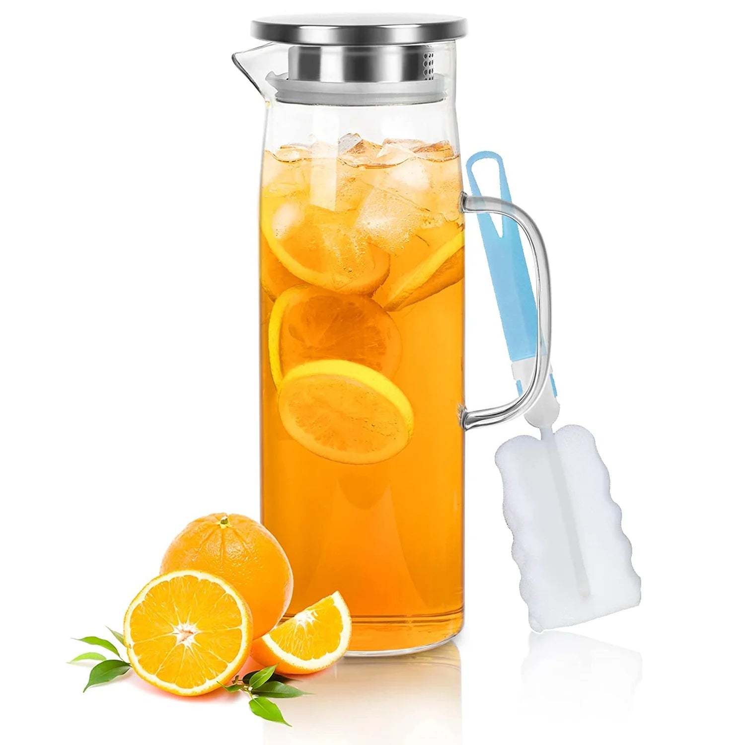 Eco-Friendly Drinking Kettle Handblown Modern 1.3L Heat Resistant Glass Pitcher with Stainless Steel Lid for Parties