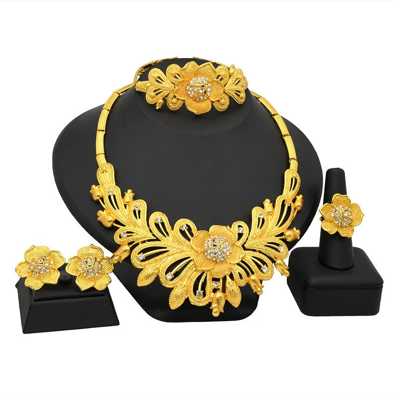 24k Gold Plated Jewellery Set Wedding Bridal Necklace Bracelet Earrings Ring African Women Fashion Gift Return Gifts Indian