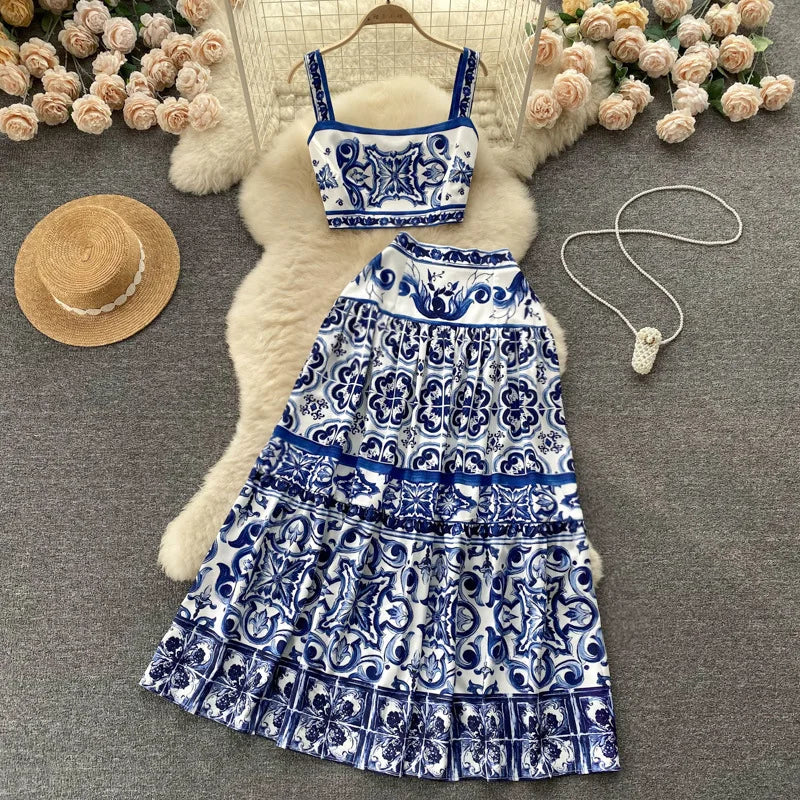Blue White Porcelain Printed Women's Summer Halter Vest Pure Desire Expose Waist High-Waist Mid-Length Skirt Sleeveless Autumn