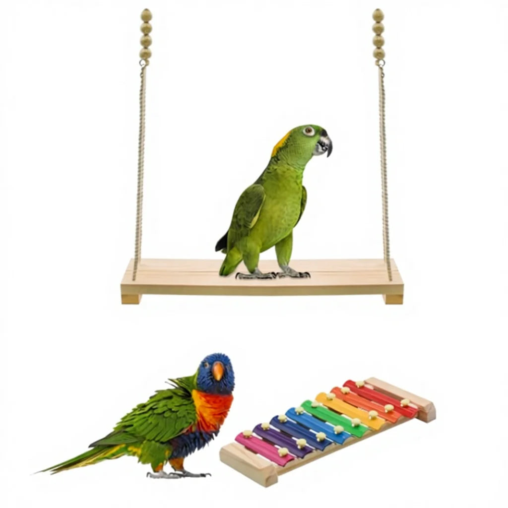 2-Piece Durable Large Wooden Bird Swing & Climbing Stand for Parrots and Chickens Outdoor Small Animal Pet Swing
