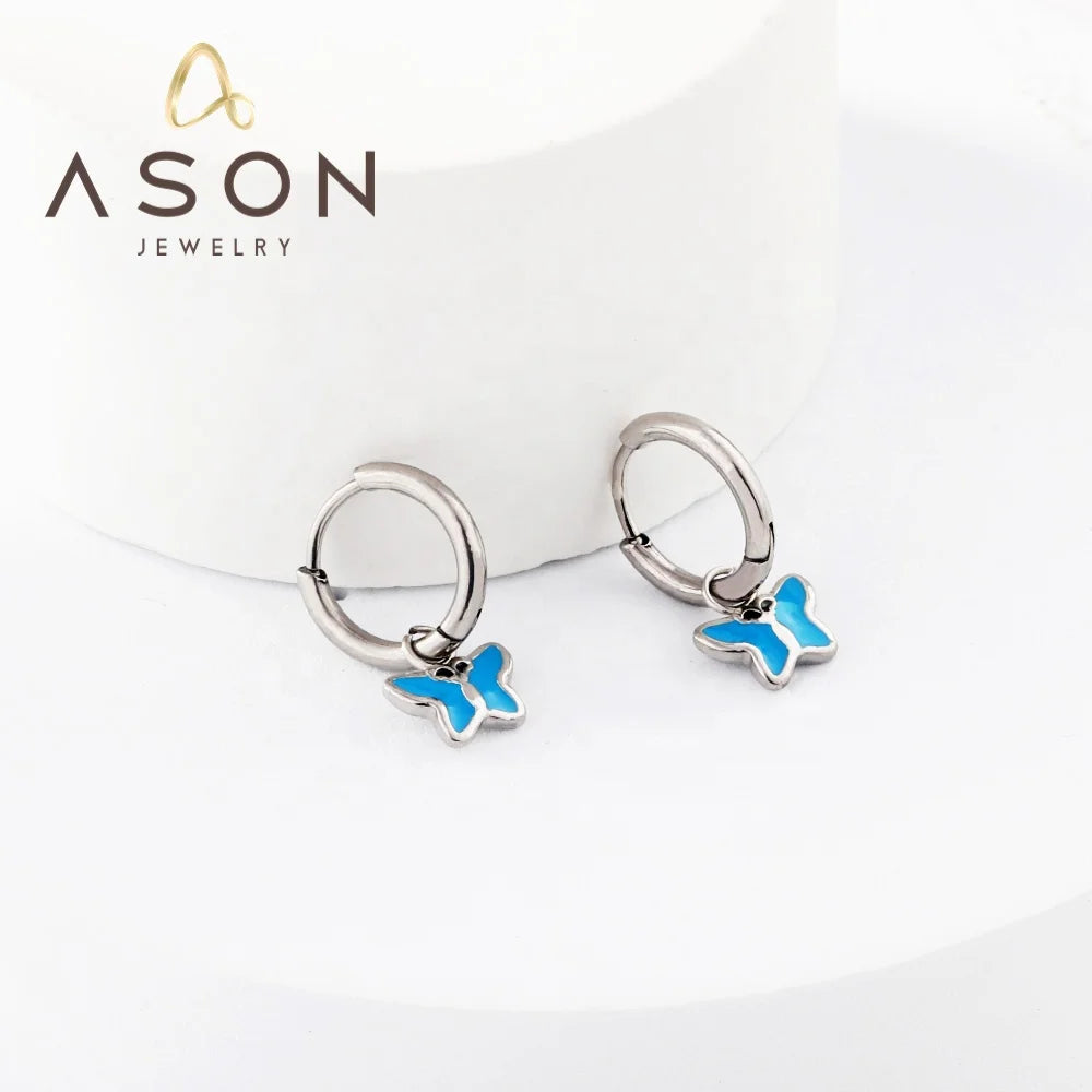 Ason New Fashion Stainless Steel Earrings 1.6x11mm Circle With Blue Butterfly Earrings for Women