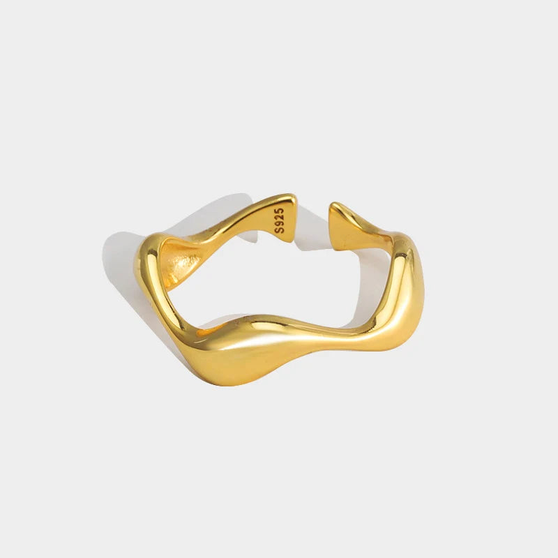Fine Jewelry Minimalism 925 Sterling Silver Gold Plated Irregular Wave Shaped Open  Adjustable Ring for Girl Party Gift YF3179