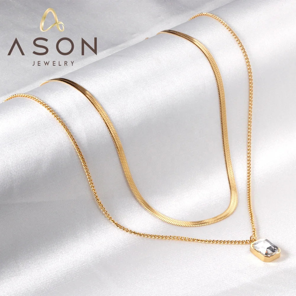 Ason Jewelry New Fashion Layered Chain Necklace Stainless Steel 18k Gold Plated Waterproof Rectangular Cz Stone Necklace