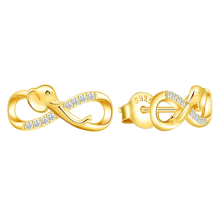 Solid 925 Silver Elephant on Infinity Earrings Bracelet Necklace Gold Plated
