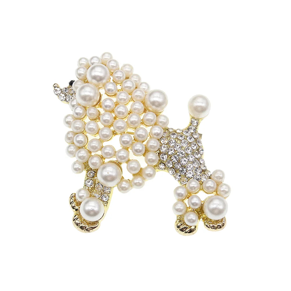 Custom Cute Pearl Rhinestone Poodle Dog Animal Brooch Pins for Women Gift