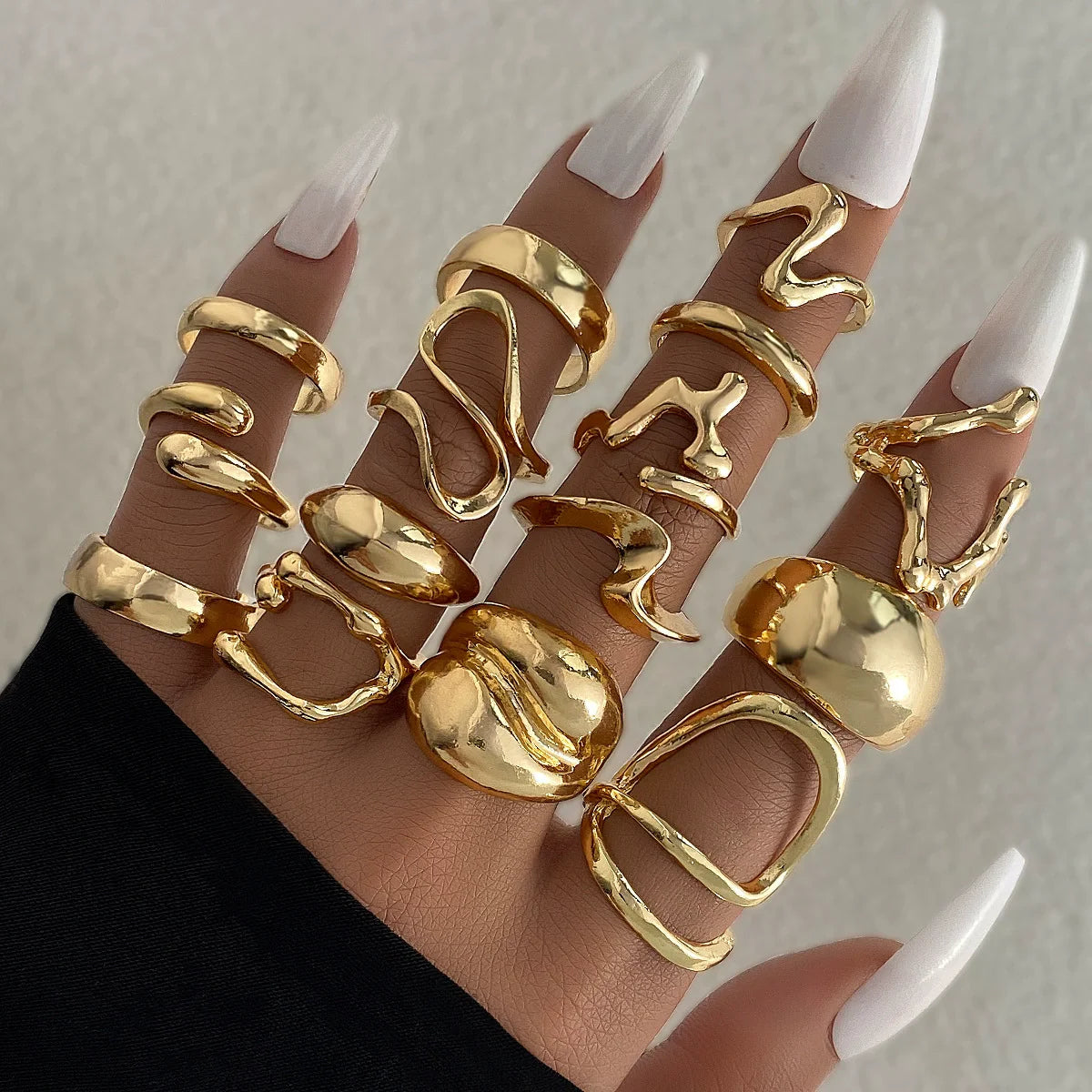 15pcs/set Open Designer Female Fashion Jewelry Trendy Irregular Metal Rings Alloy Gold Finger Ring Set