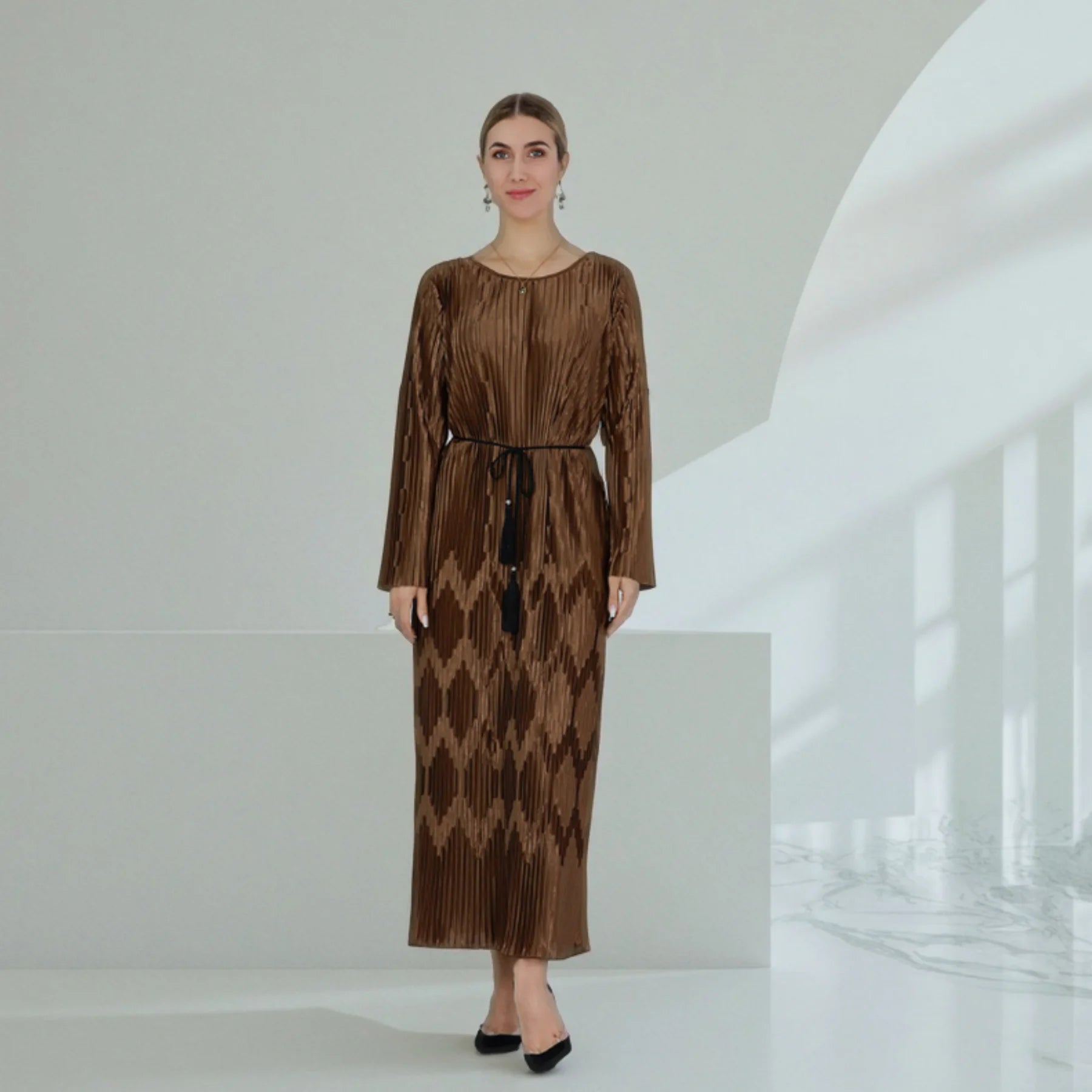 Loriya Fashion Shining Pleated Dress Islamic Clothing Maxi Abaya Dress With Tassel Belt in Dubai Modest Abaya