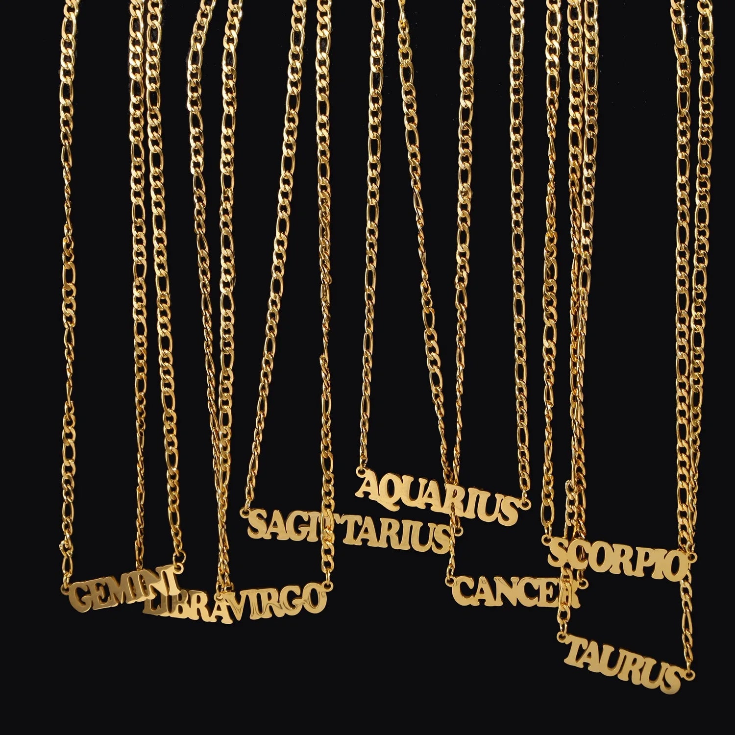 Fashion Jewelry 18K Gold Plated Horoscope Necklace Stainless Steel 12 Zodiac Sign Figaro Chain Necklace Women