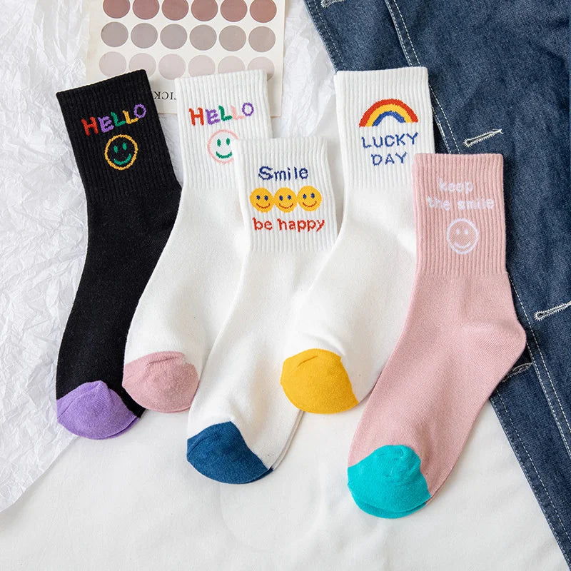 Rainbow Print Letter Cotton Women Socks Student Breathable Sports Middle Tube Cartoon Socks Korean Street Art Funny Sock