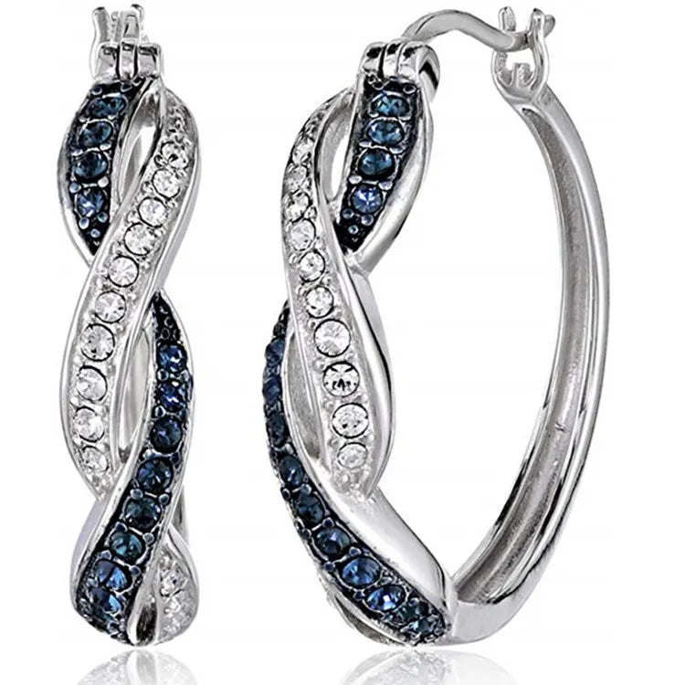 Huitan Popular Silver Plating Women Fashion Custom White Blue Sapphire Diamond Twist Hoop Huggie Earrings