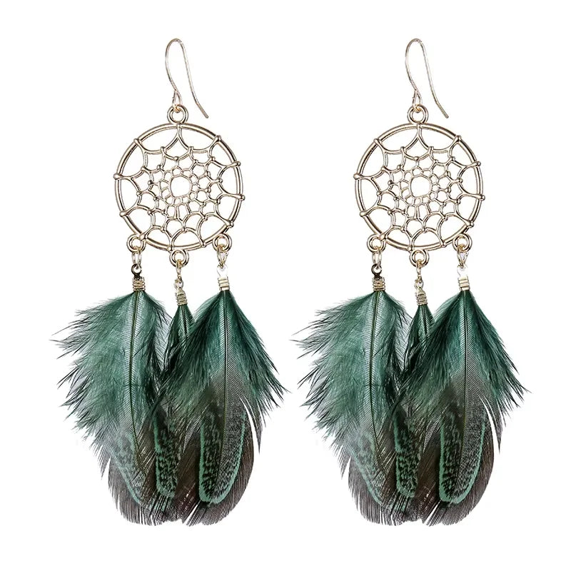 Fashion Women Gold Plated Bohemia Crafts Multi Color Feather Dreamcatcher Earrings Interior Grid Hollowing Hook Earrings