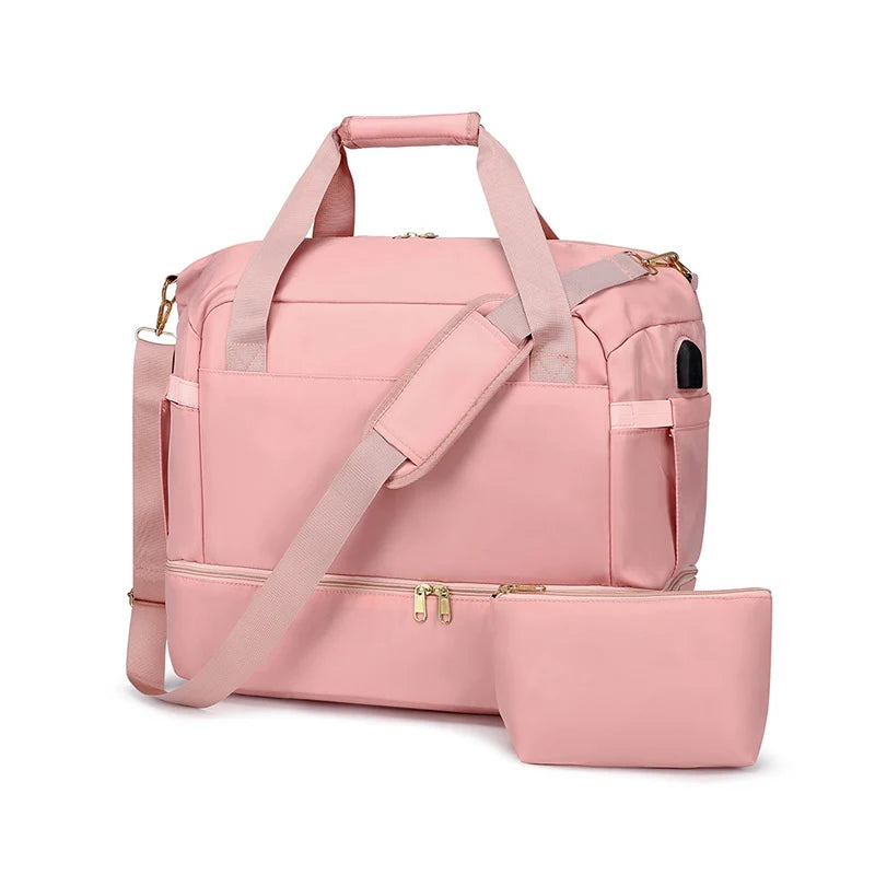 Women 2 Piece Set Gym Bag Multifunctional USB Trolley Large Business Tote Travel Bag for Sports