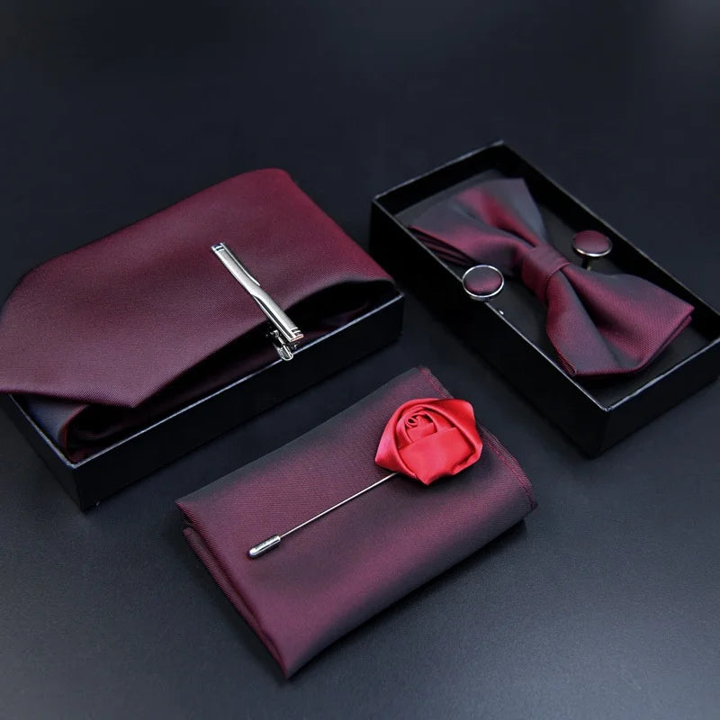 Wholesale Best Selling Products Multiple Colour Tie and Handkerchief Set Bow Tie Cufflinks Tie Clips Brooch Necktie Set