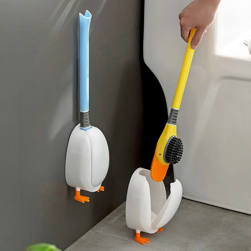Cute Duck Plastic Eco-Friendly Toilet Brush Handle Wall-mounted Flexible Deep Cleaning Corner Kitchen Space Long Shape Bottle