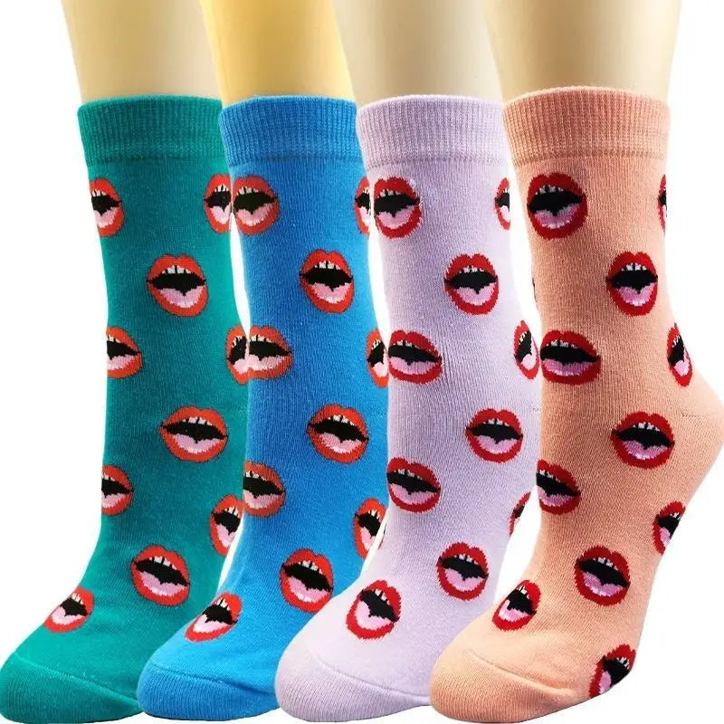 Wholesale Crazy Novelty Lip AB Patterned Socks Funny Mismatched Cotton Crew Socks for Women