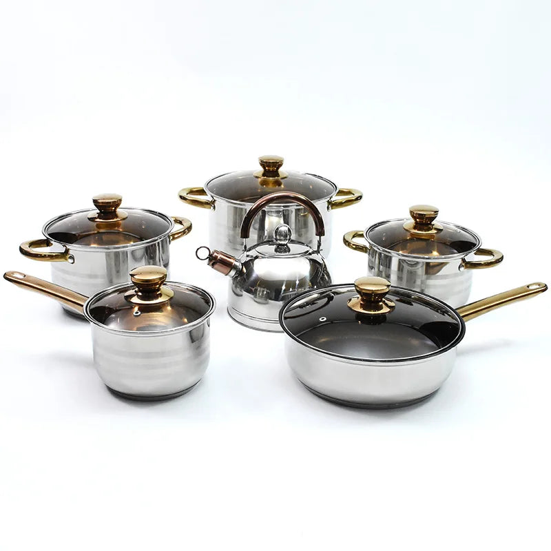 Custom logo European Kitchen Ware Stainless Steel 12pcs Cookware Set with Kettle