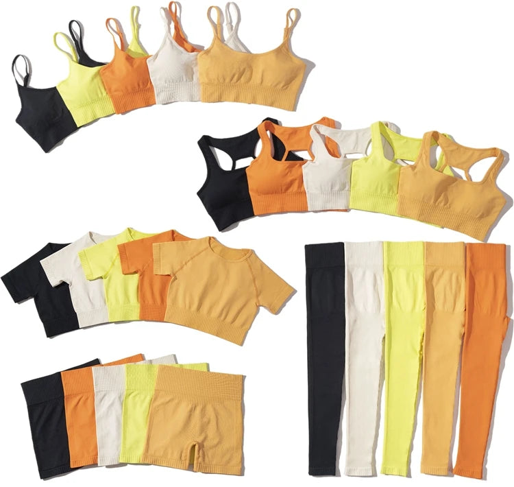 Customized logo Summer Bight Colors Active Wear Five Piece Seamless Collection Ribbed Breathable Squat Proof Women Yoga Set