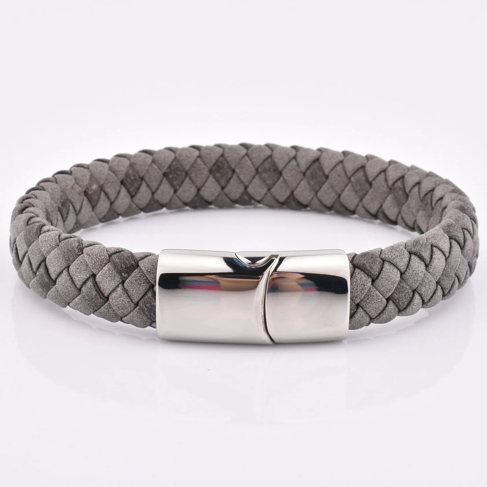 New Arrived Unique Braid Leather Bracelet Grey Leather Stainless Steel Custom Logo Clasp Bracelet
