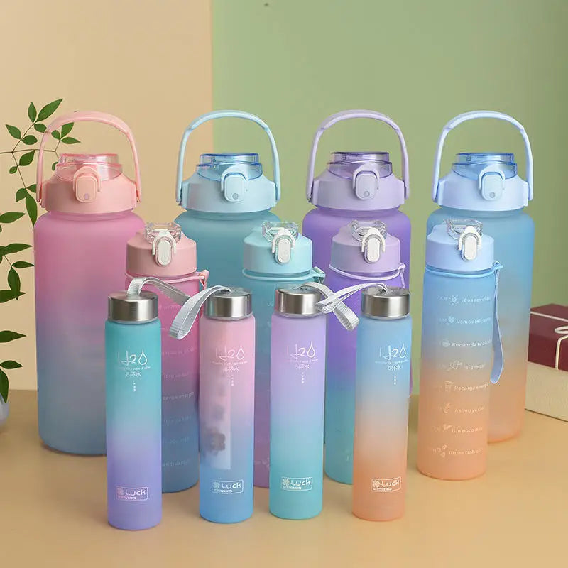 Three-piece Set Sport Water Bottle Gradient Straw Cup Frosted Large Capacity Water Cup Outdoor Sports Water Bottle