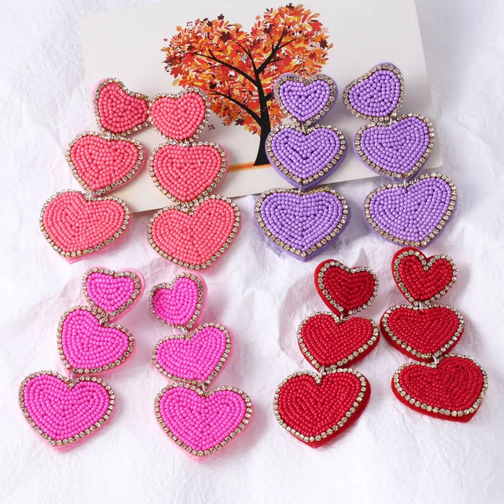 ASJEWELRY Bohemian Seed Bead Tiered Heart Dangle Earrings Vibrant Rhinestone Border Statement Earrings Gift 2604 Ersa095