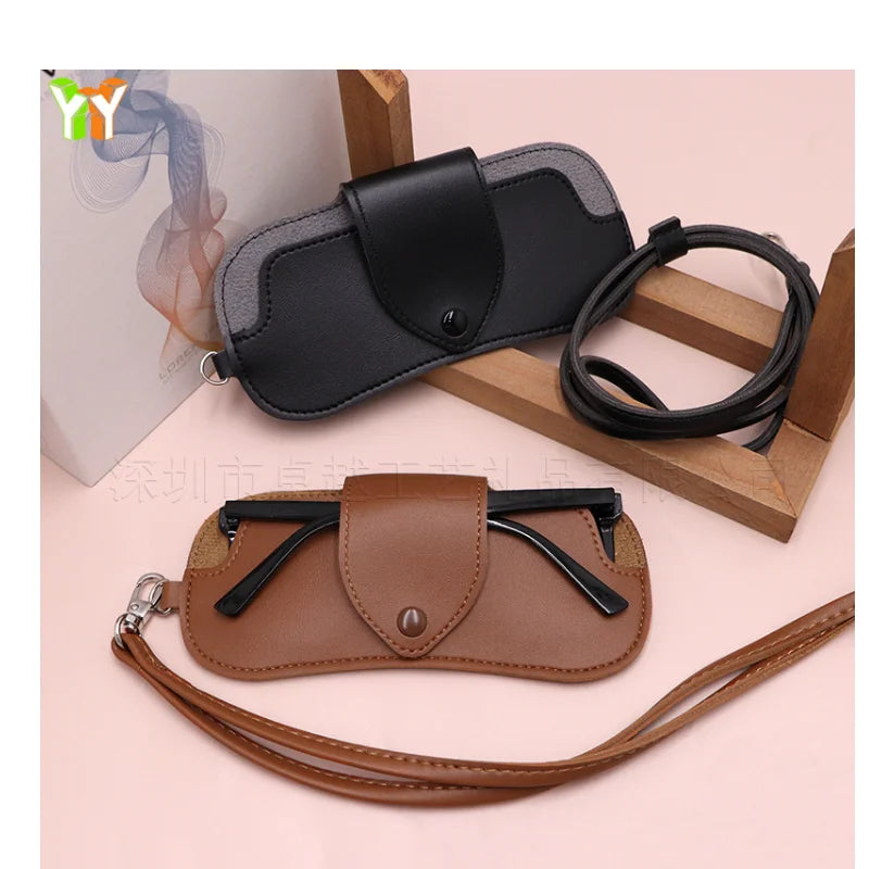Pu Leather Eyeglasses Storage Bag with Lanyard Durable Sunglasses Pouch Solid Color Sunglasses Holder