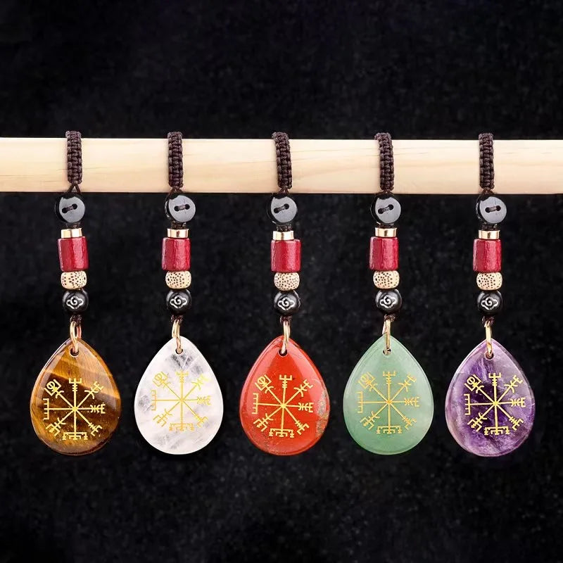 Natural Crystal Bag Charm Drop-shaped Key Chain Engraved With Direction Symbol Seven Chakra Keychain for Healing