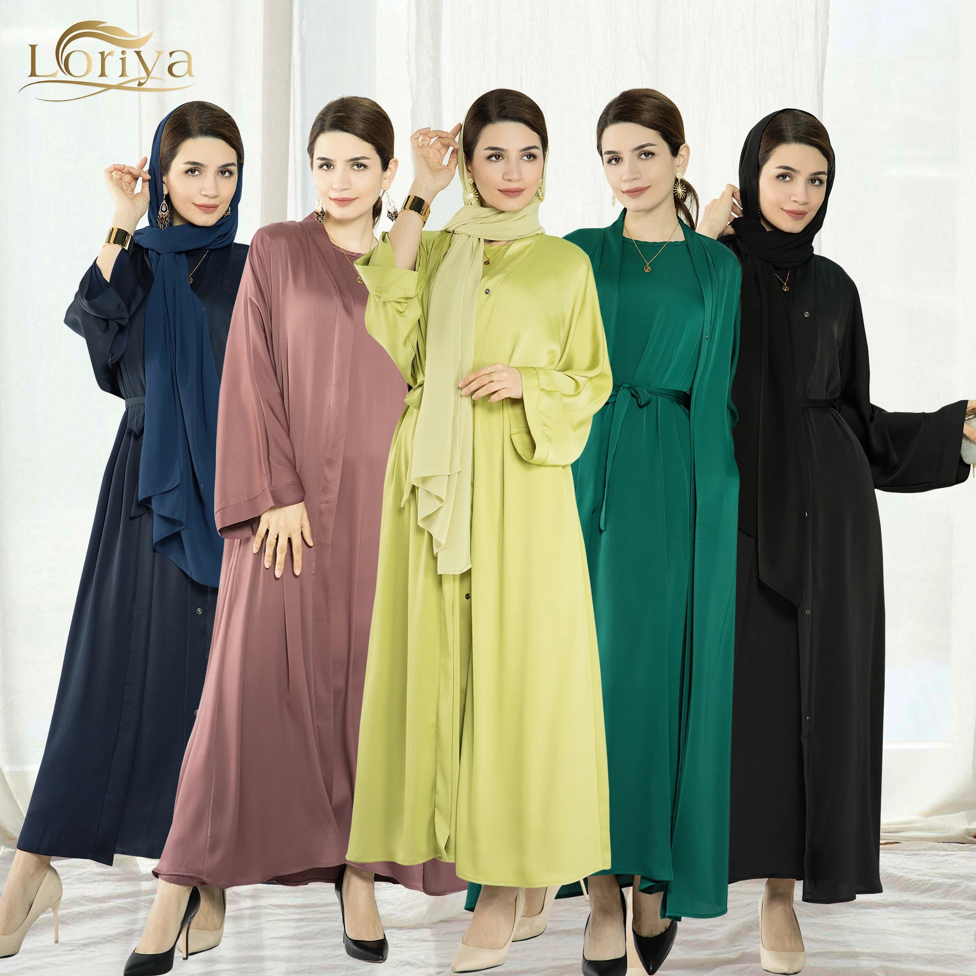 Loriya 2023 Latest Design Turkey Satin Open Abaya Islamic Clothing Modest Abaya Muslim Women Dress With Buttons