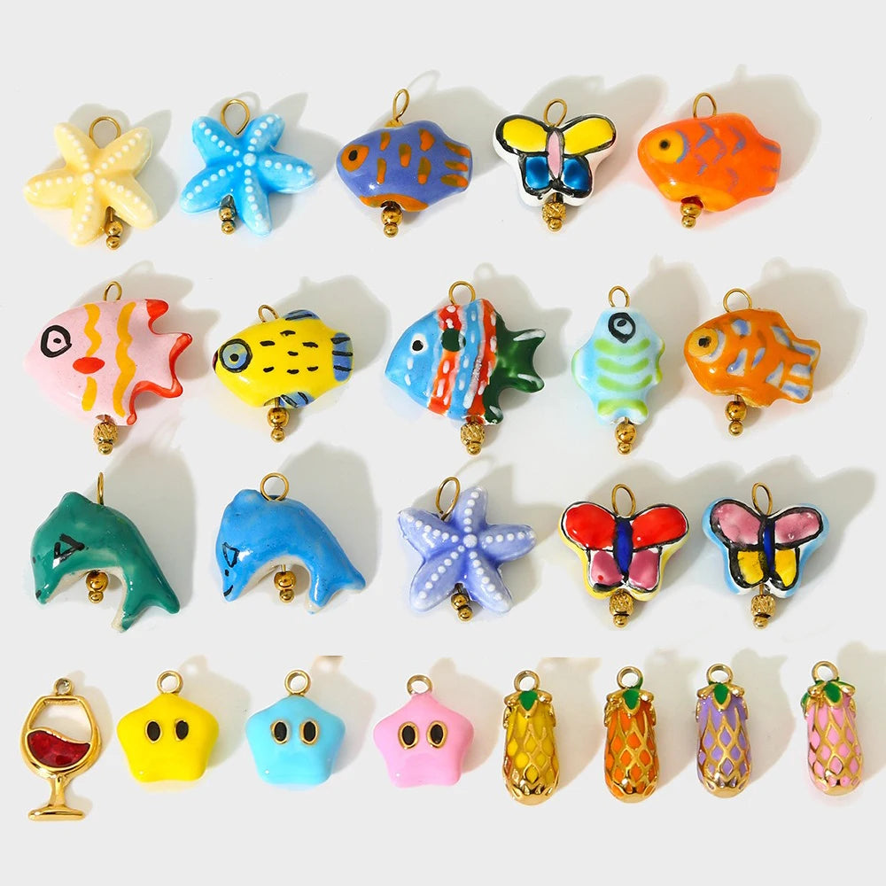 Latest DIY Jewelry Accessories Colorful Butterfly Fish Star Fruit Hand Painted Marine Life Stainless Fashion Pendants Charms