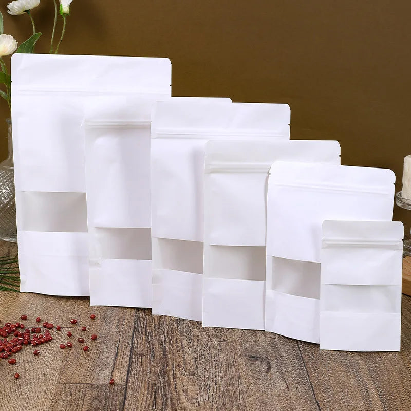 Custom Stand up White Kraft Paper Bags with logo Resealable Zipper Tea Dry Food Plastic Bag Pouches Paper Bags with clear Window