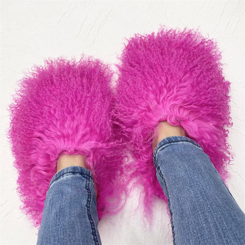 Custom Slides With Logo 2022 Latest Fashion Fall Winter Mongolian Fur Slides House Slippers Fluffy for Women Sheep Fur Slippers