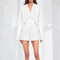Fashionable Elegant V Neck White Solid Color Long Sleeve Casual Mini Dresses Women