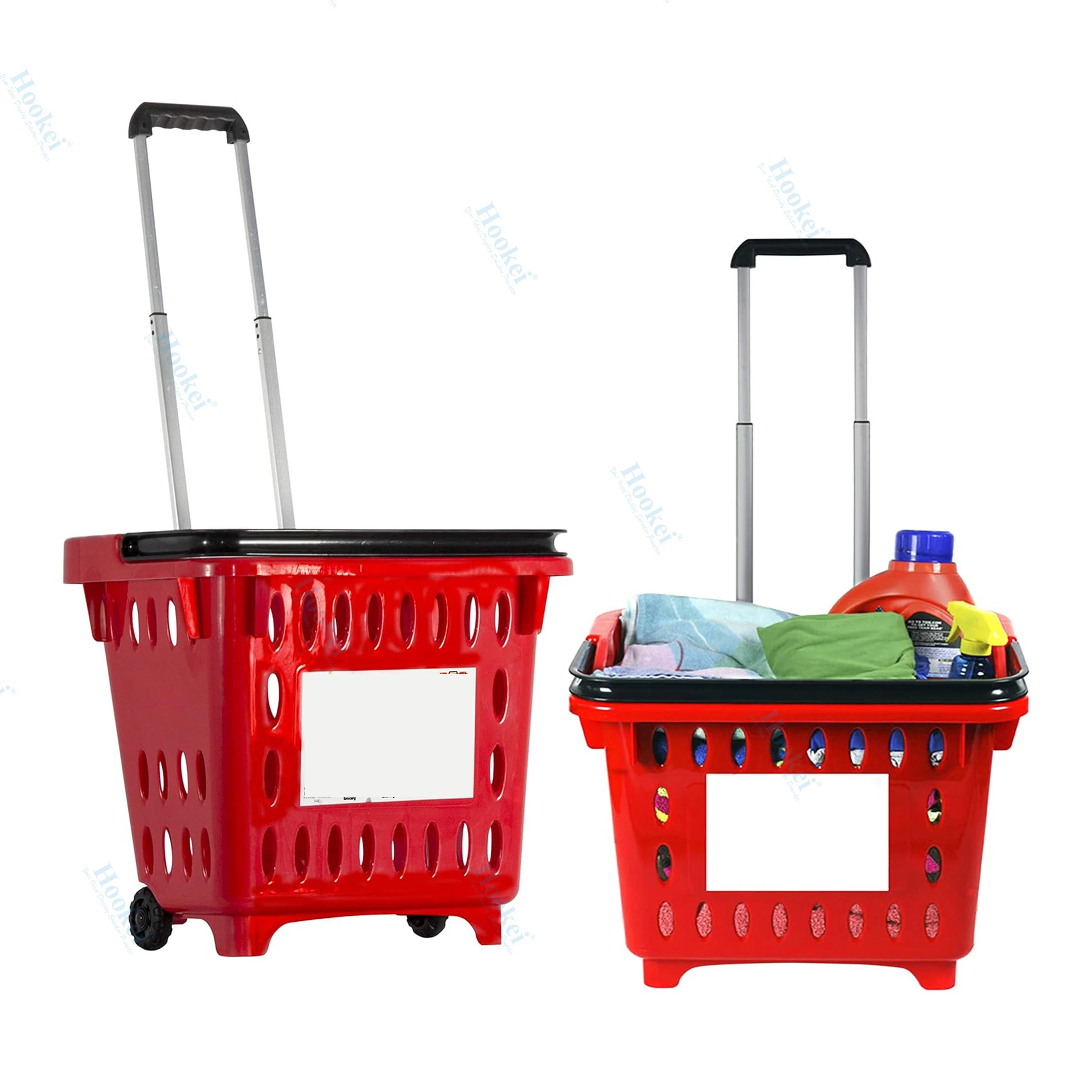 Factory Wholesale Trolley Supermarket Two-Wheeled Plastic Shopping Baskets with Metal Lever