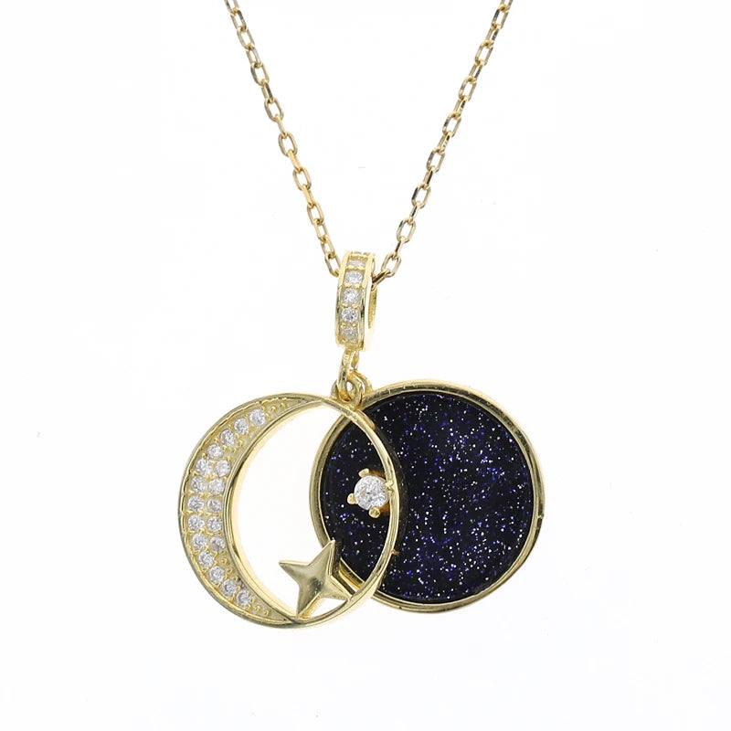 Trendy Women Jewelry 925 Sterling Silver Gold Plated Nightsky Moon Star Pendant Necklace