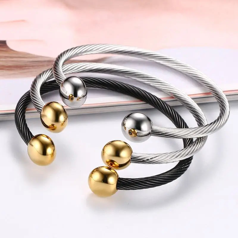 Men's Stainless Steel Wire Rope Elastic WIA Adjustable Black Steel Gold Polished Steel Ball Cuff Bracelet Wristband MegaBDM