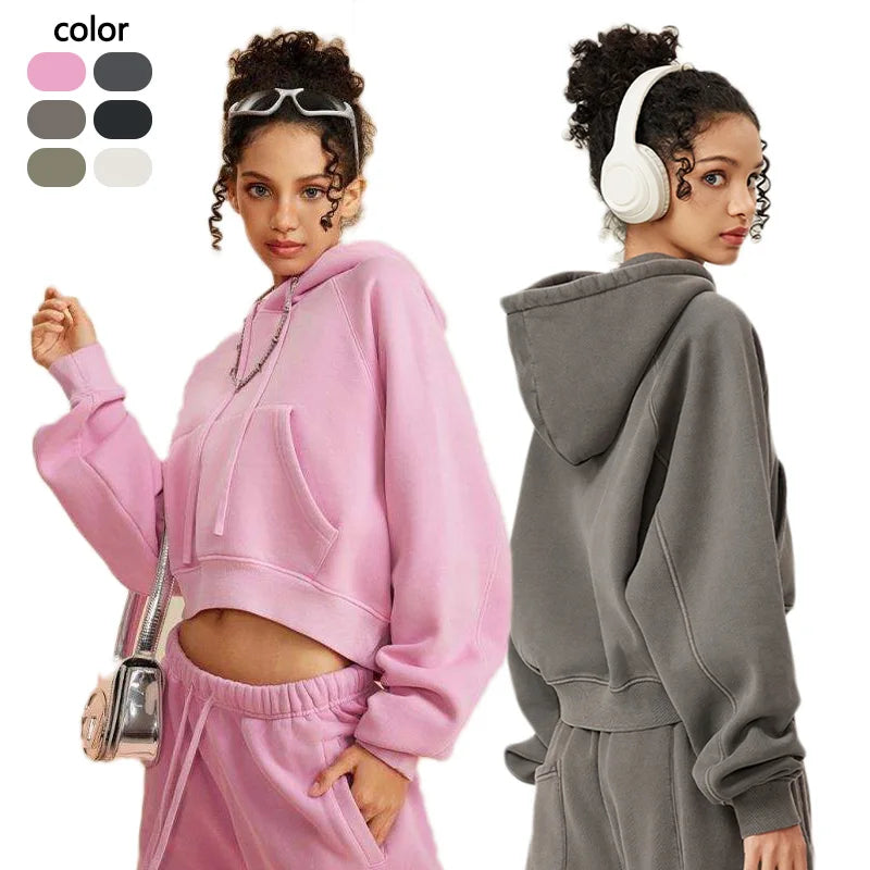 Sports Women Autumn Winter Loosed Adjustable Drawstring Street Wear Slimming Pocket Crop Top Hoodies