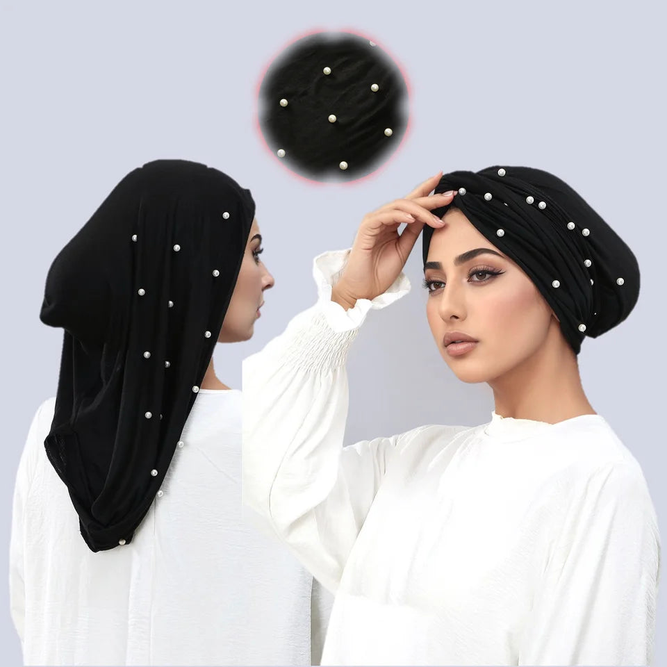 New Ramadan Islam Turban Bonnet Headband Solid Muslim Woman Undercap Stretch Cross Hat Pearls Cotton Jersey Instant Hijab Cap