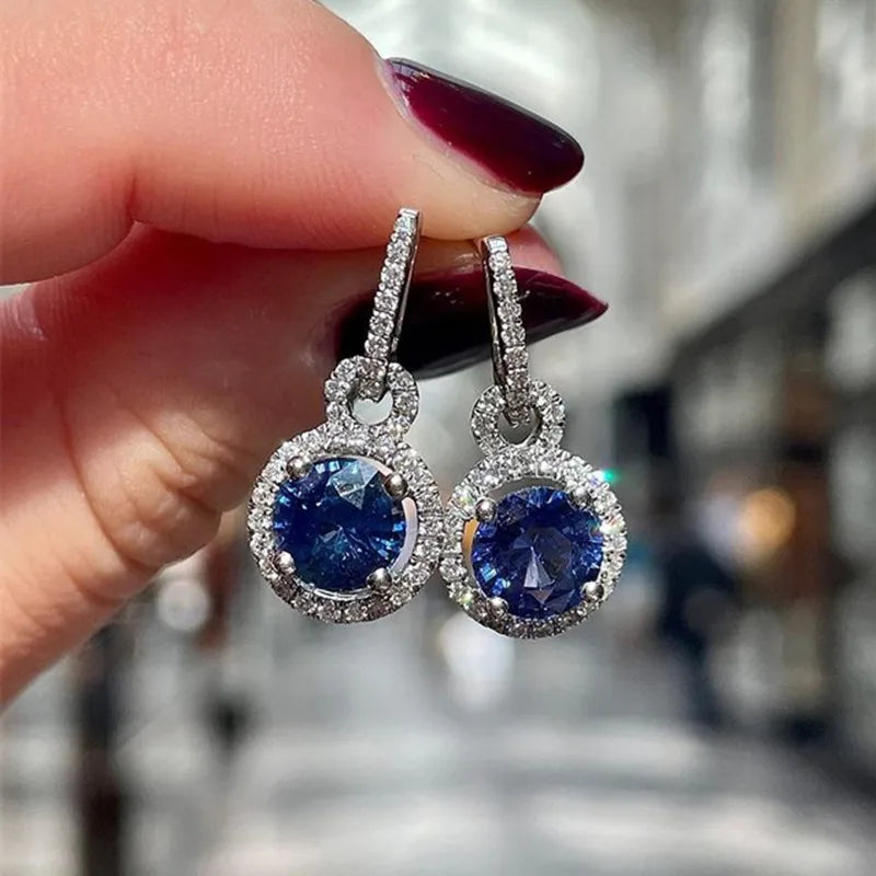 CAOSHI OEM Imitated Diamond Cubic Zirconia Blue Gemstone Round Earring Engagement Silver Plated Drop Earrings for Women Men Girl